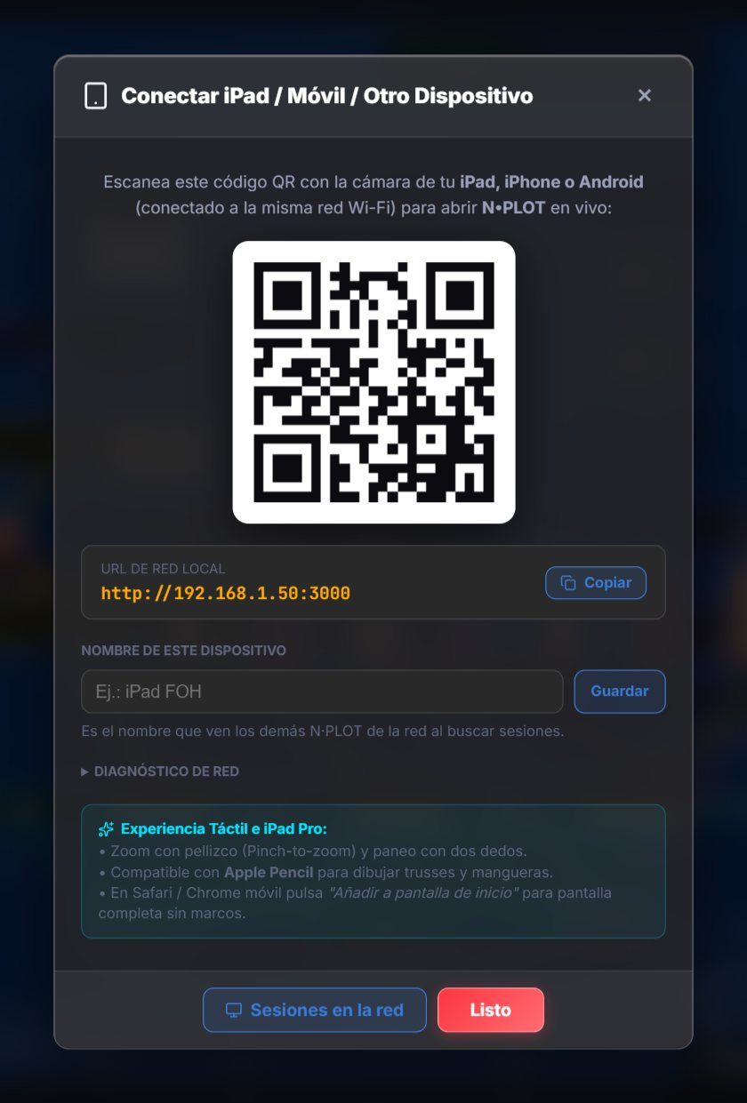 Ventana para conectar un iPad o un móvil a N·PLOT con un código QR y la dirección de la red local